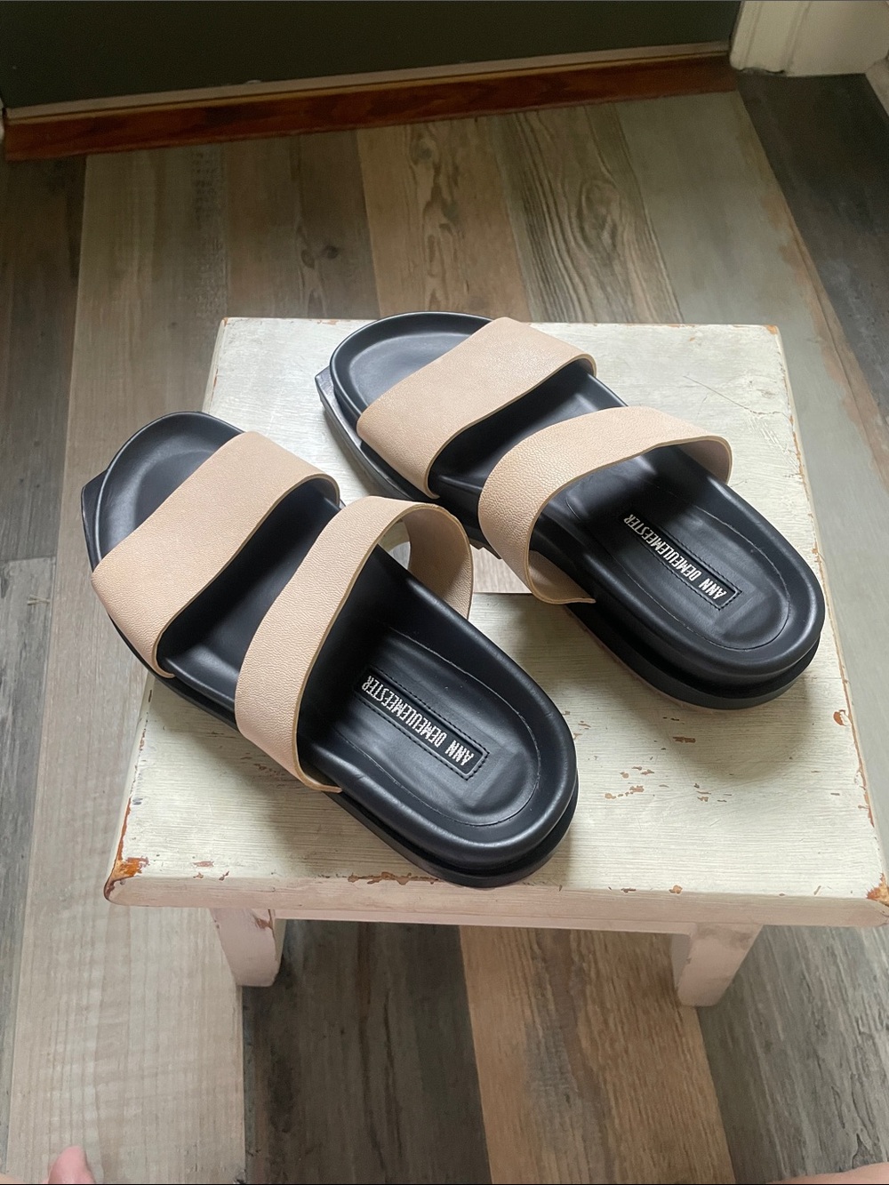 Ann Demeulemeester Black Footbed Sandals with Beige Straps